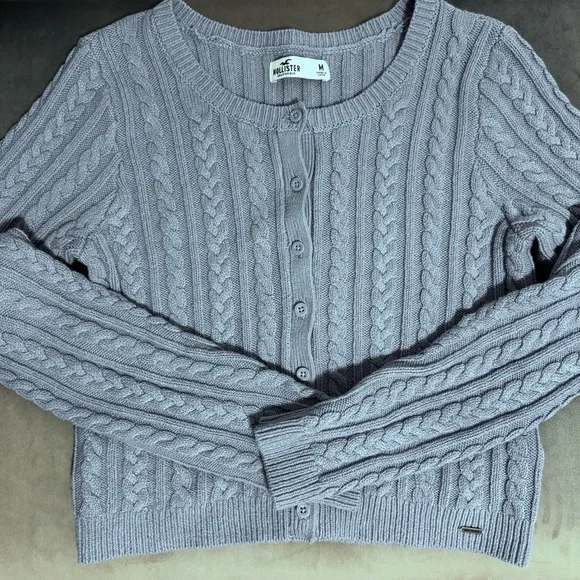 Hollister Blue Cropped Cable Knit Cardigan Sweater – Size M - Picture 2 of 4